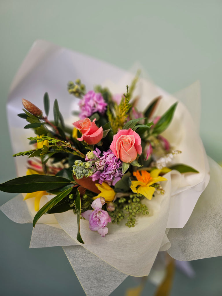 Spring is here and we want to enjoy it with a sweet posy of seasonal, spring blooms.  Please note flowers will vary to what is pictured due to availability of product, please be reassured that every bouquet will be individually created for you at The Flower Studio Kilbirnie florist  from a selection of seasonal New Zealand market fresh flowers, designed with love and care.